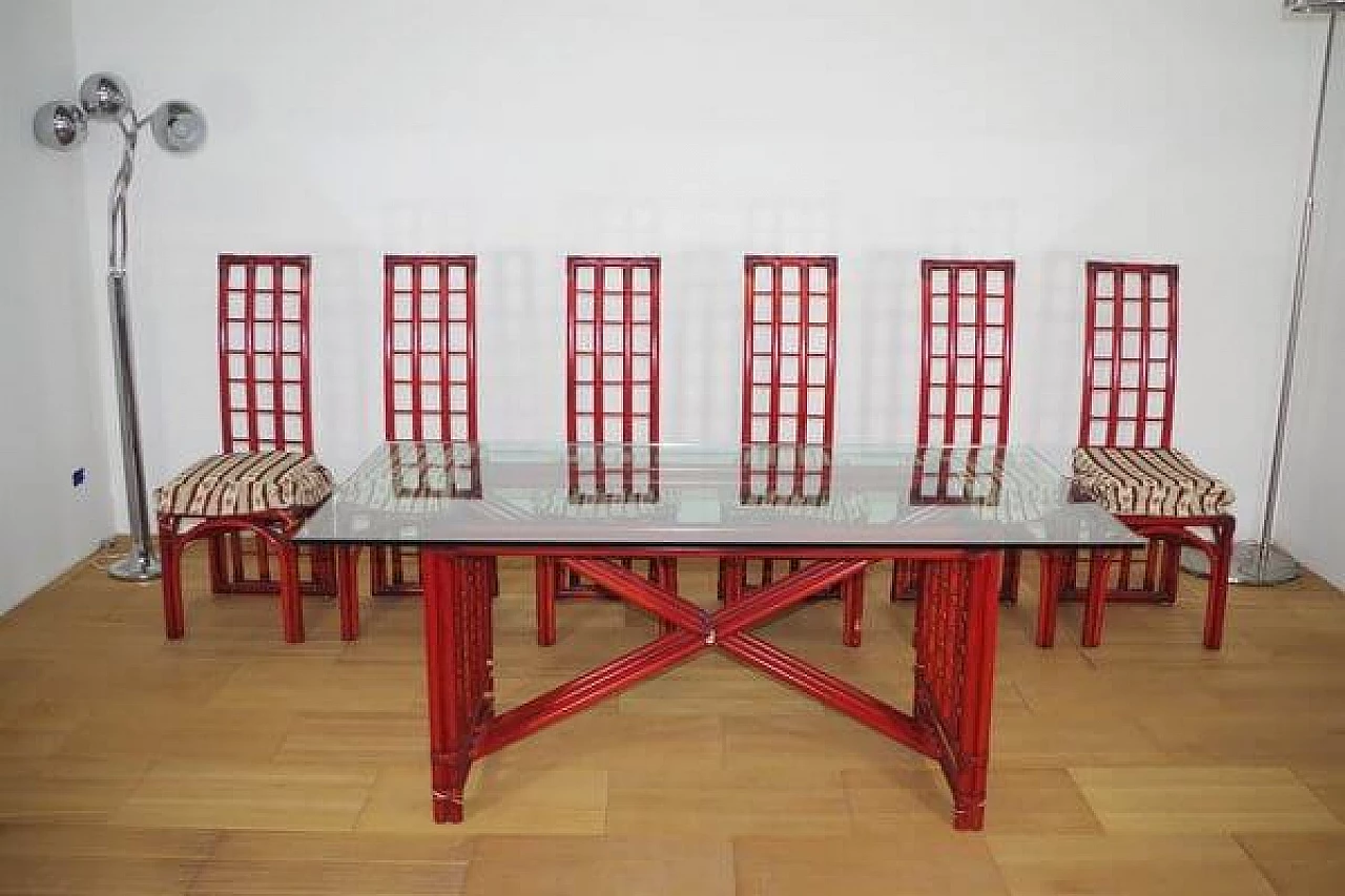 6 Sedie e tavolo in bambù rosso di Arturo Pozzoli, anni '80 1470726