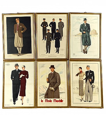 6 framed illustrations of men's fashion, 1930s