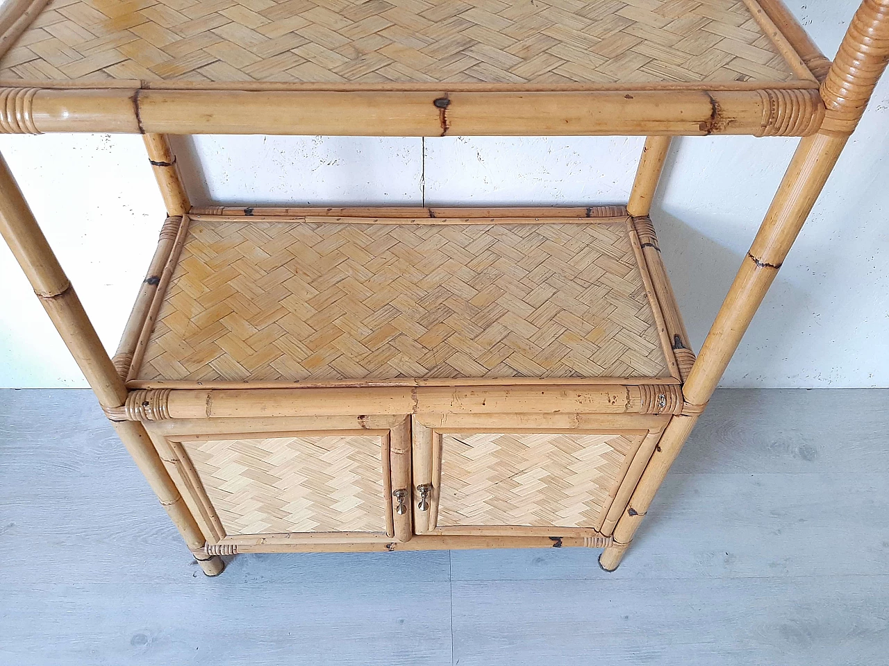 Bamboo bookcase with doors and shelves, 1970s 1471925