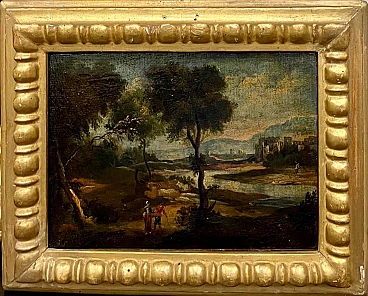 Paesaggio fluviale con figure, dipinto olio su tela, '700