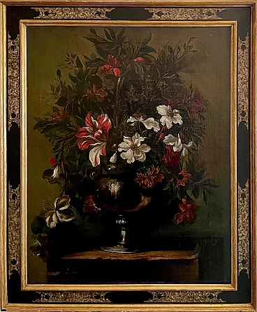 Still life painting with metal vase and flowers from the circle of Scacciati, 17th century