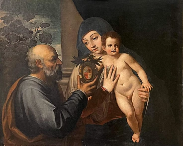 Dipinto Sacra Famiglia con stemma nobiliare alla maniera di Tiziano Vecellio, '500