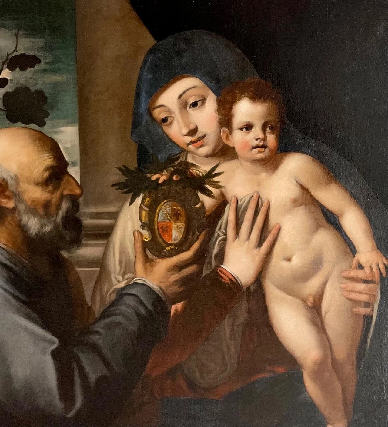 Dipinto Sacra Famiglia con stemma nobiliare alla maniera di Tiziano Vecellio, '500 1473307