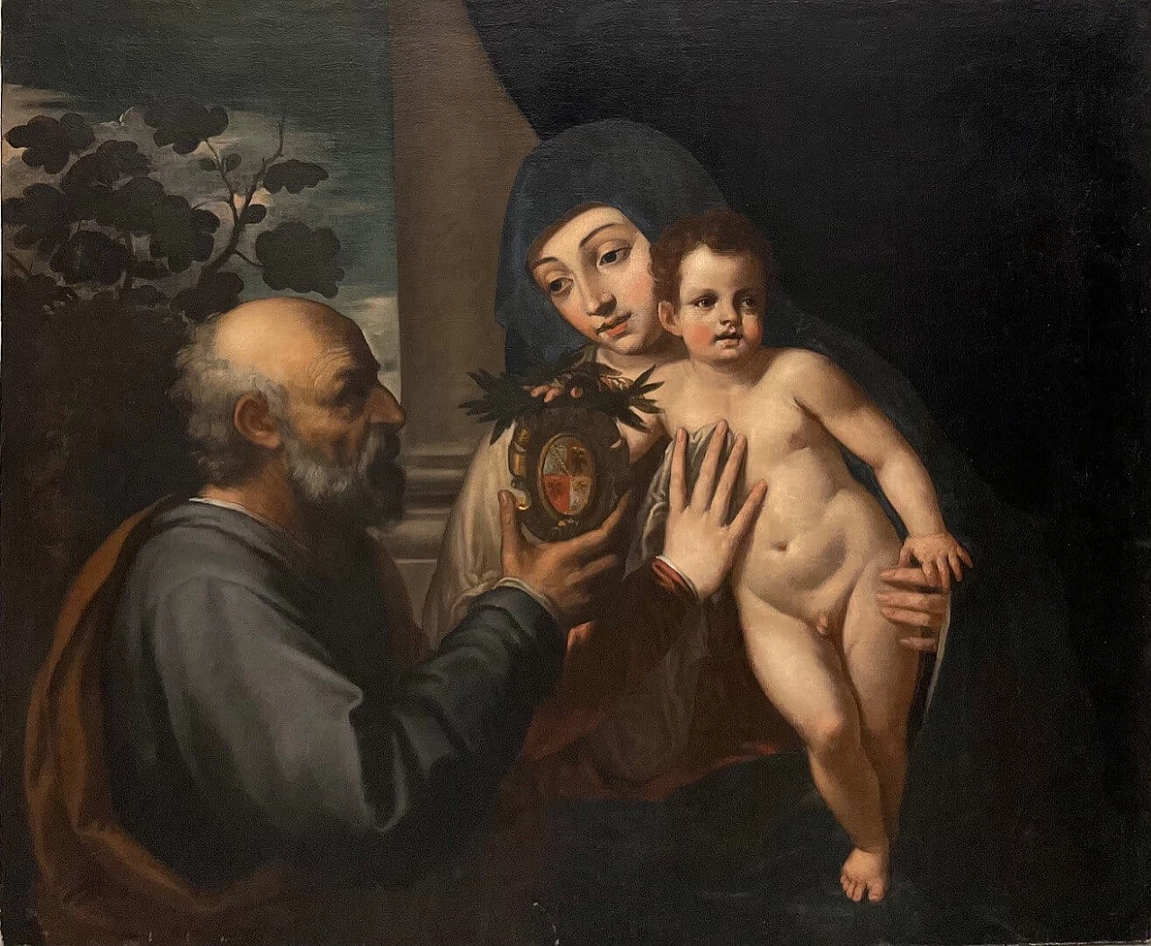 Dipinto Sacra Famiglia con stemma nobiliare alla maniera di Tiziano Vecellio, '500 1473324