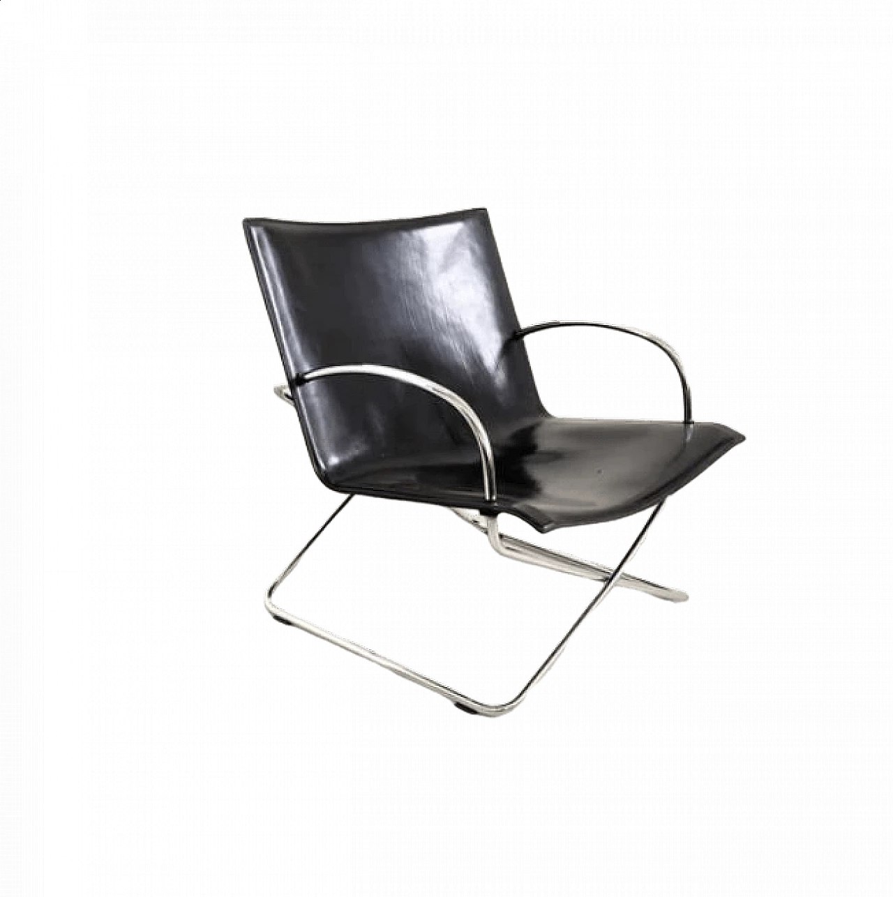 Poltrona in metallo e pelle nera, anni '70 1473683