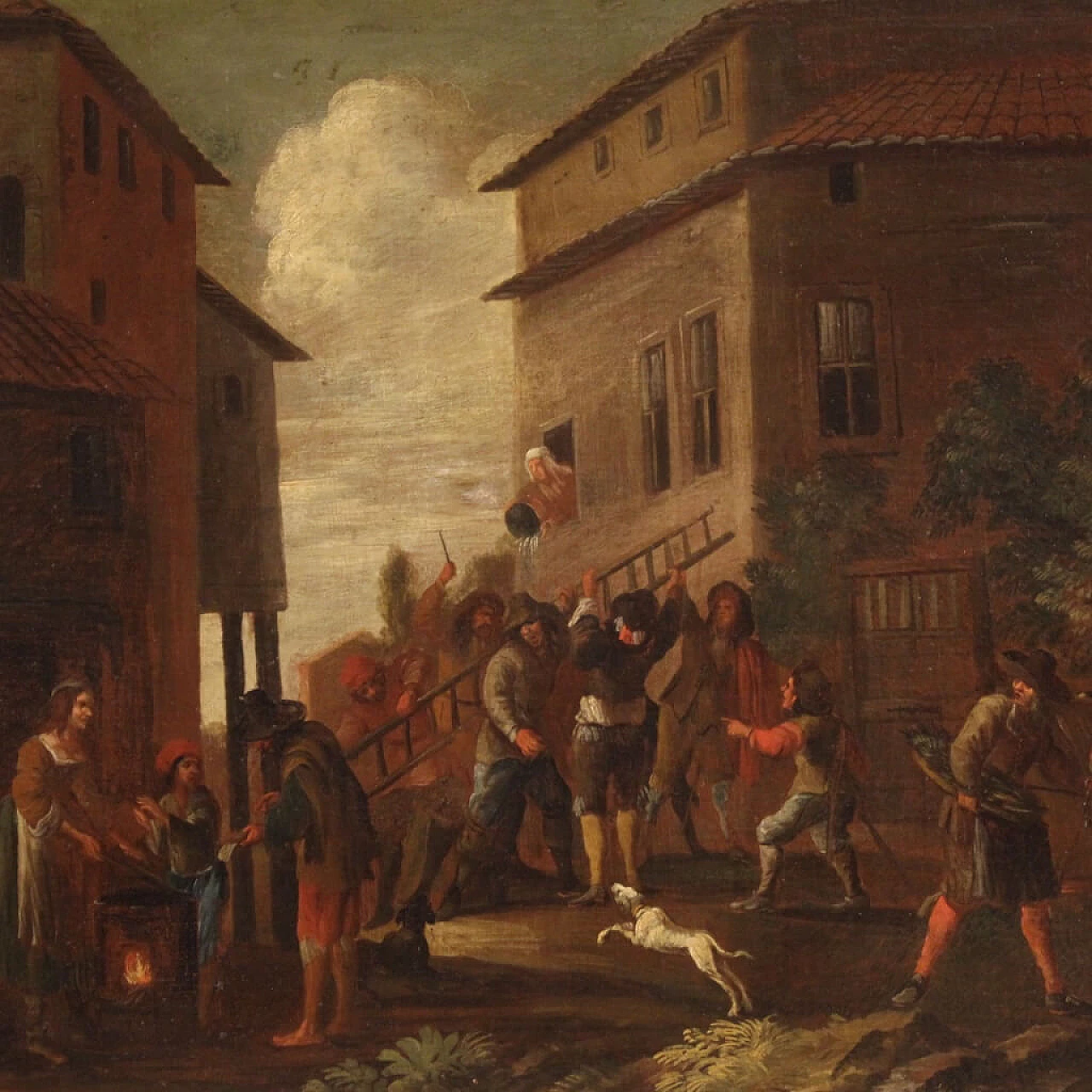 Genre scene painting with architecture and characters, oil on canvas, 18th century 1473684