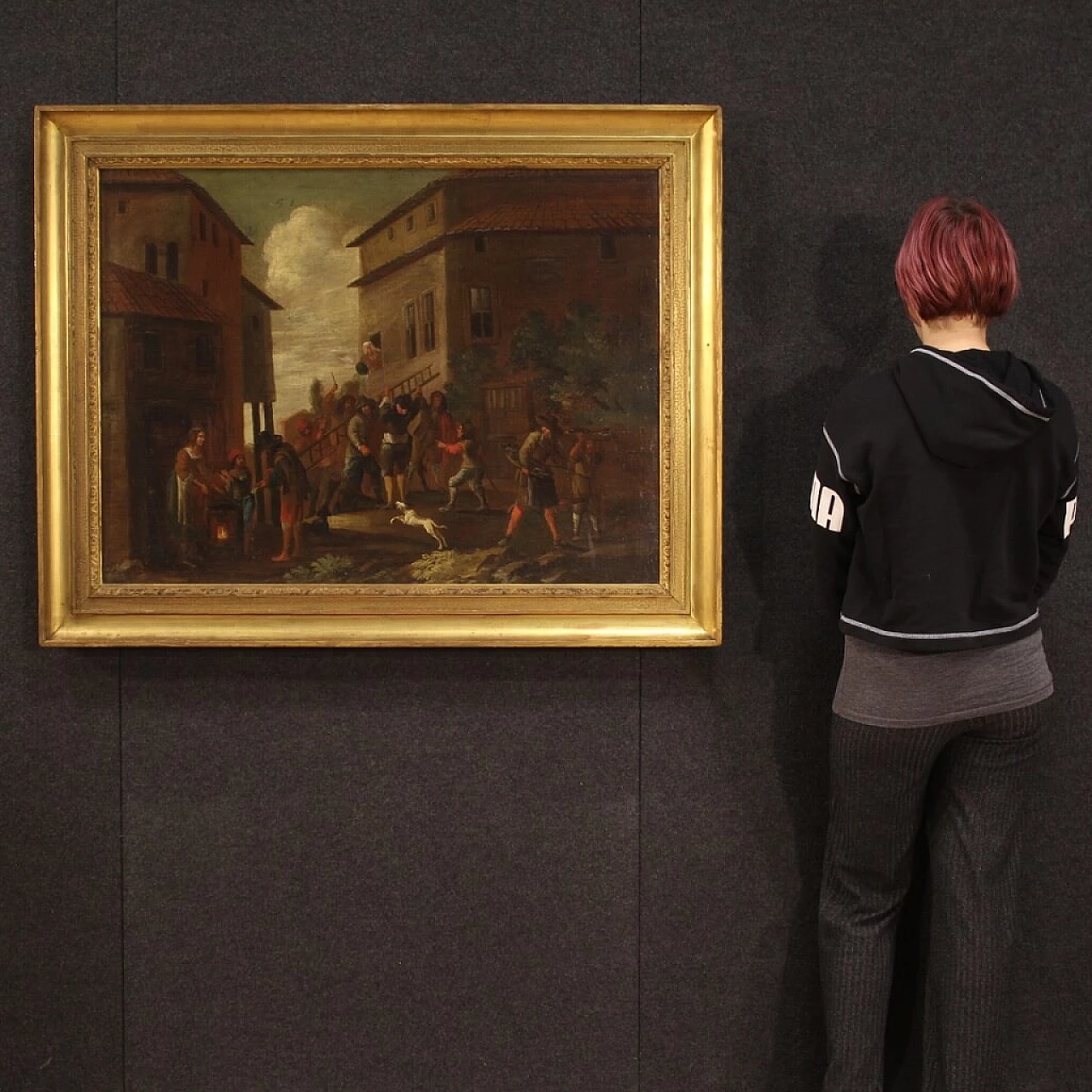 Genre scene painting with architecture and characters, oil on canvas, 18th century 1473686