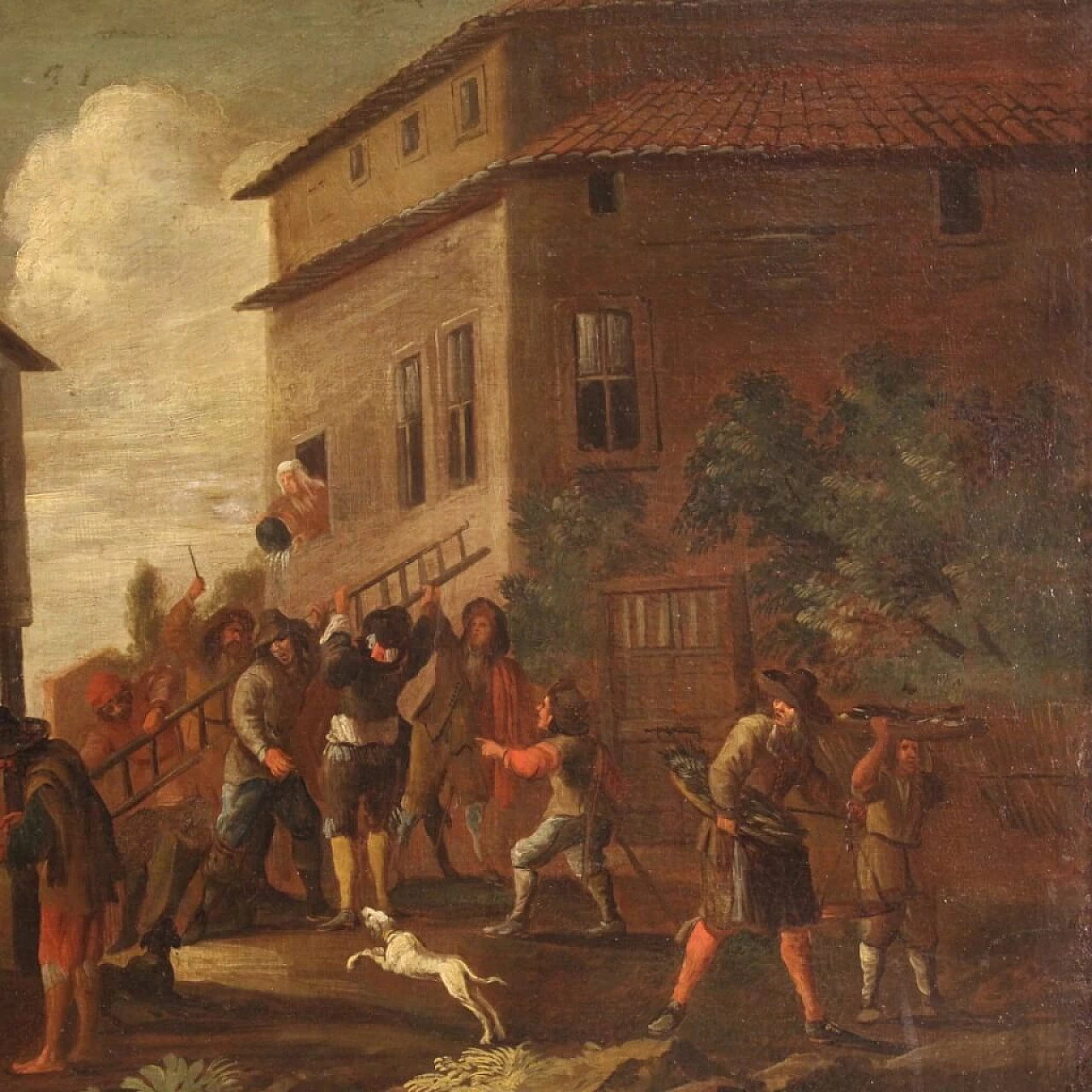 Genre scene painting with architecture and characters, oil on canvas, 18th century 1473691