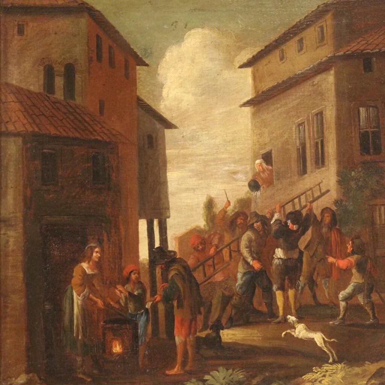 Genre scene painting with architecture and characters, oil on canvas, 18th century 1473692