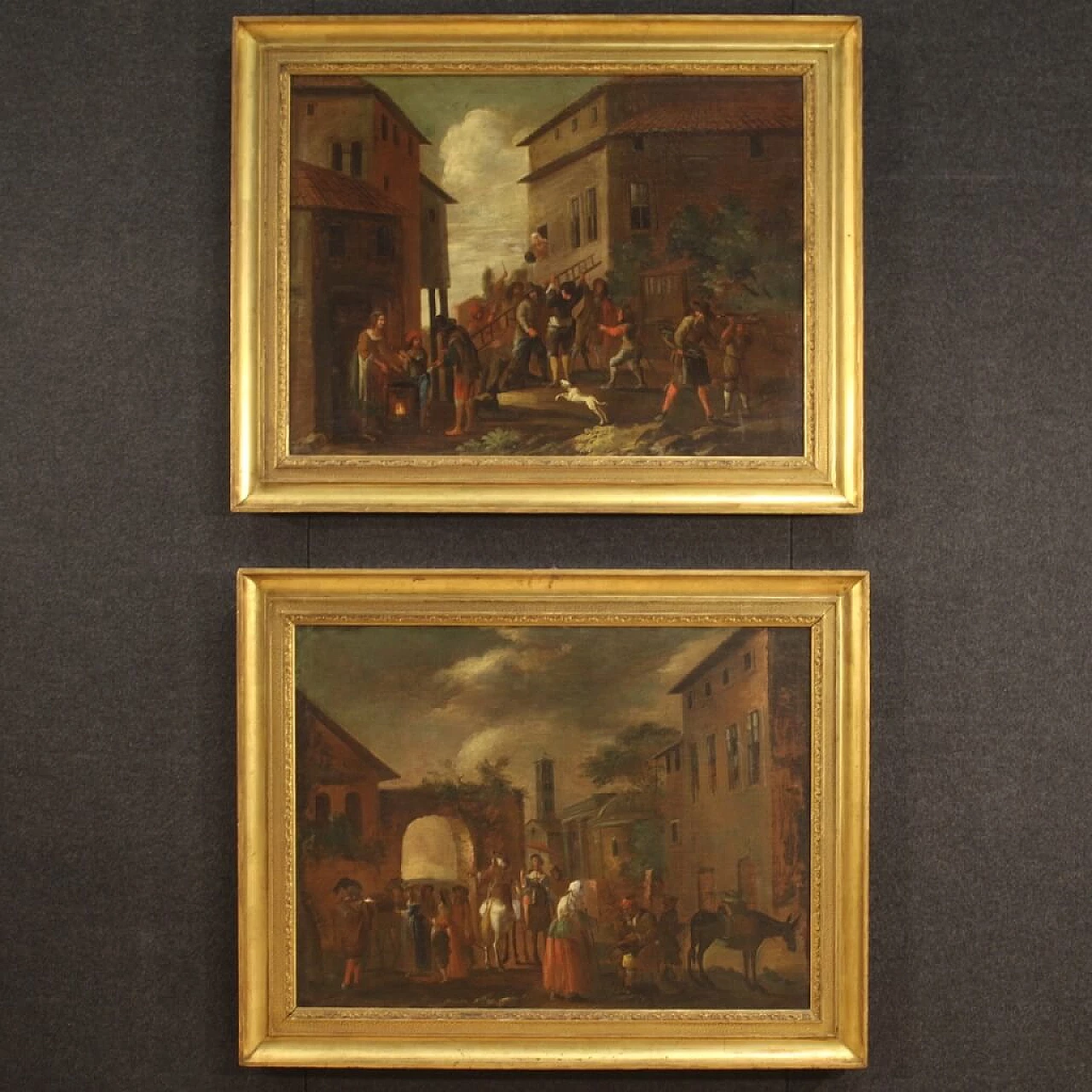 Genre scene painting with architecture and characters, oil on canvas, 18th century 1473695
