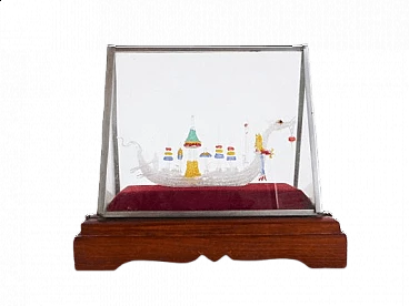 Glass case with handmade Chinese Viking ship, 1960s