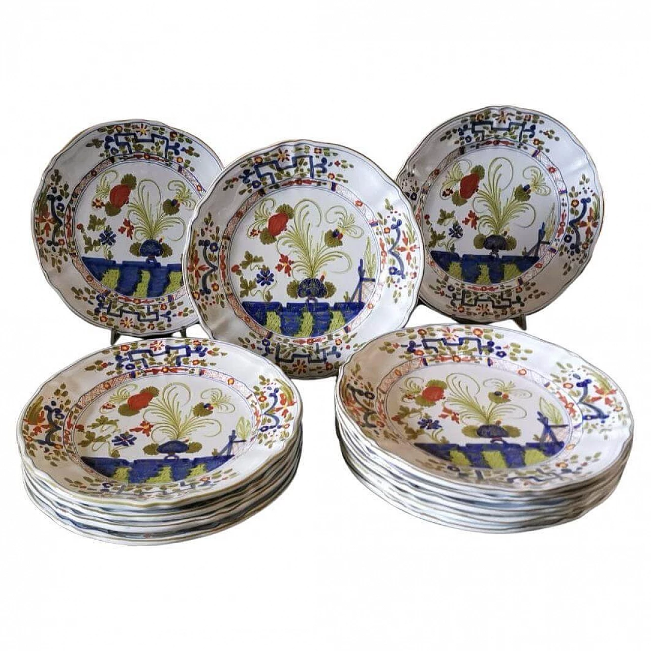 Servizio da 12 in ceramica di Faenza dipinto con decorazione Garofano, anni '70 1473838