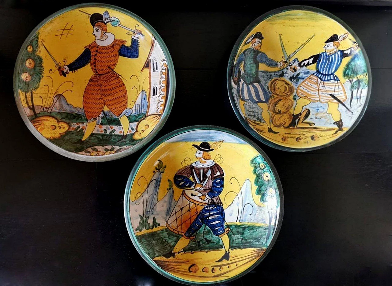 3 Piatti da parete dipinti a mano in ceramica Deruta, anni '60 1473854