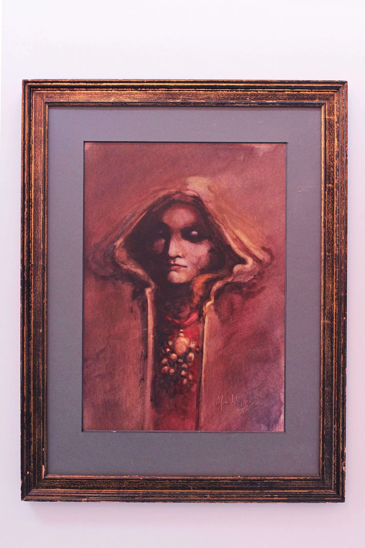 Art Nouveau gouache painting with frame, 1984 1474579