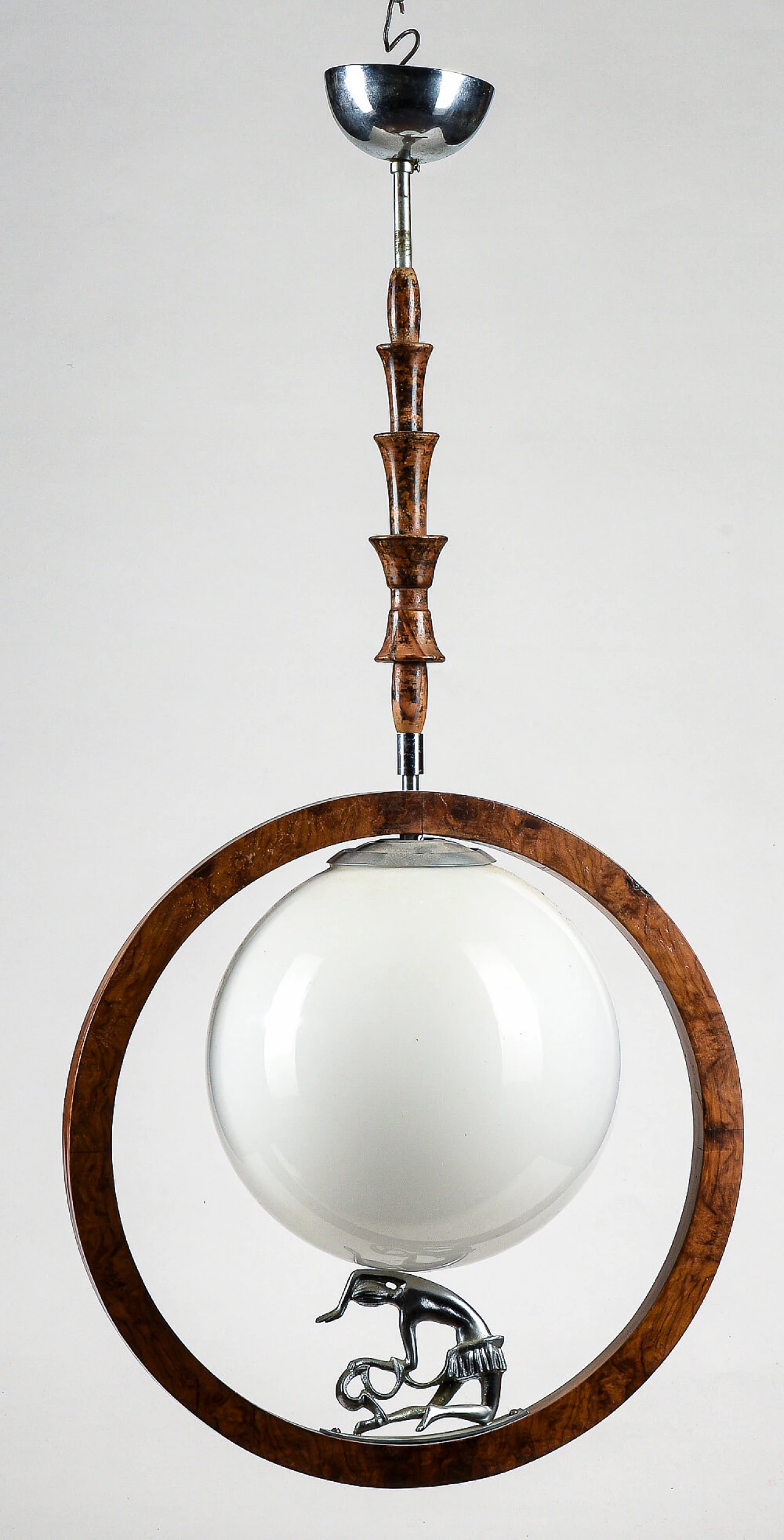 Art Deco chandelier in walnut, briarwood and opaline glass with metal statuette, 20s 1475798
