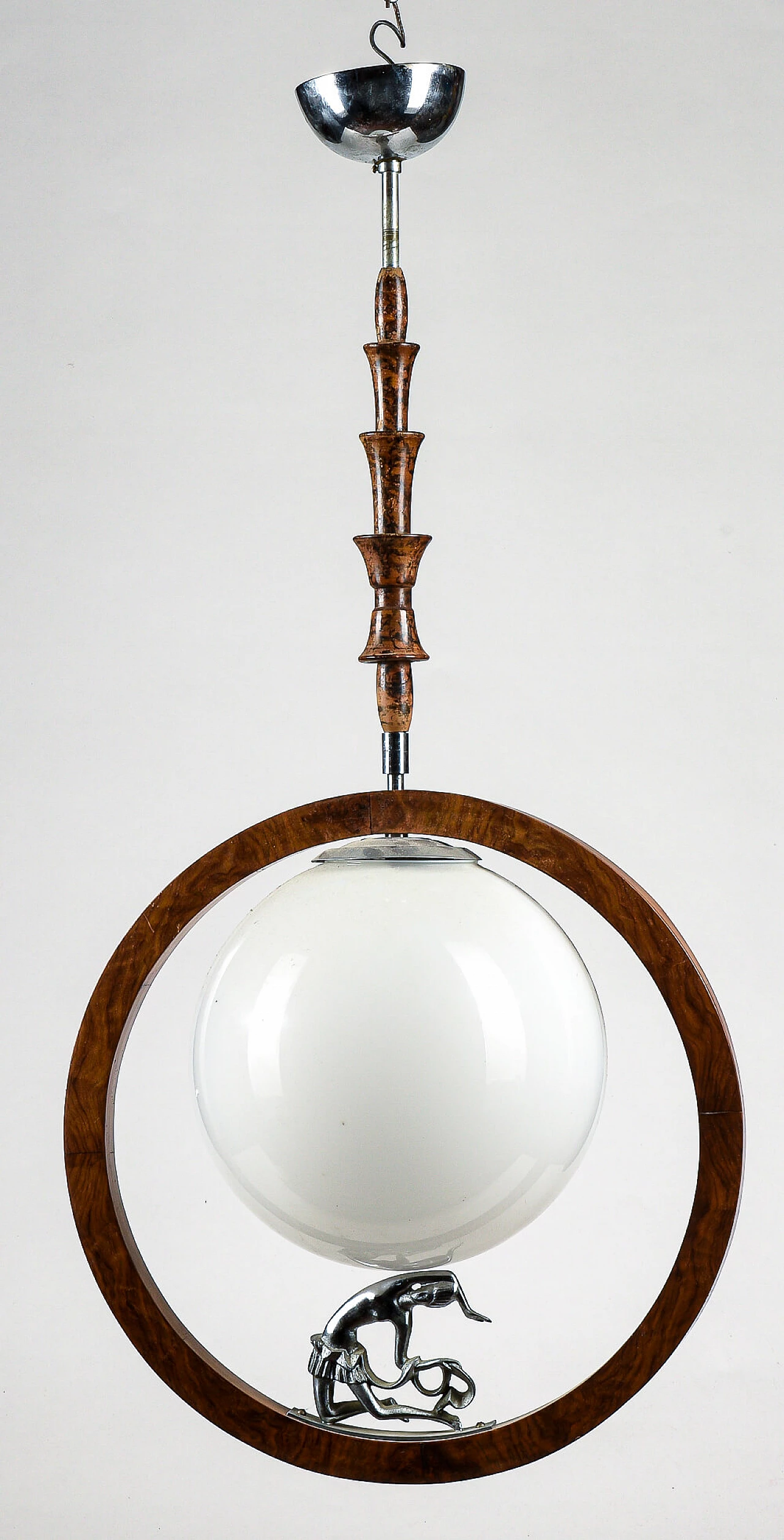 Art Deco chandelier in walnut, briarwood and opaline glass with metal statuette, 20s 1475799