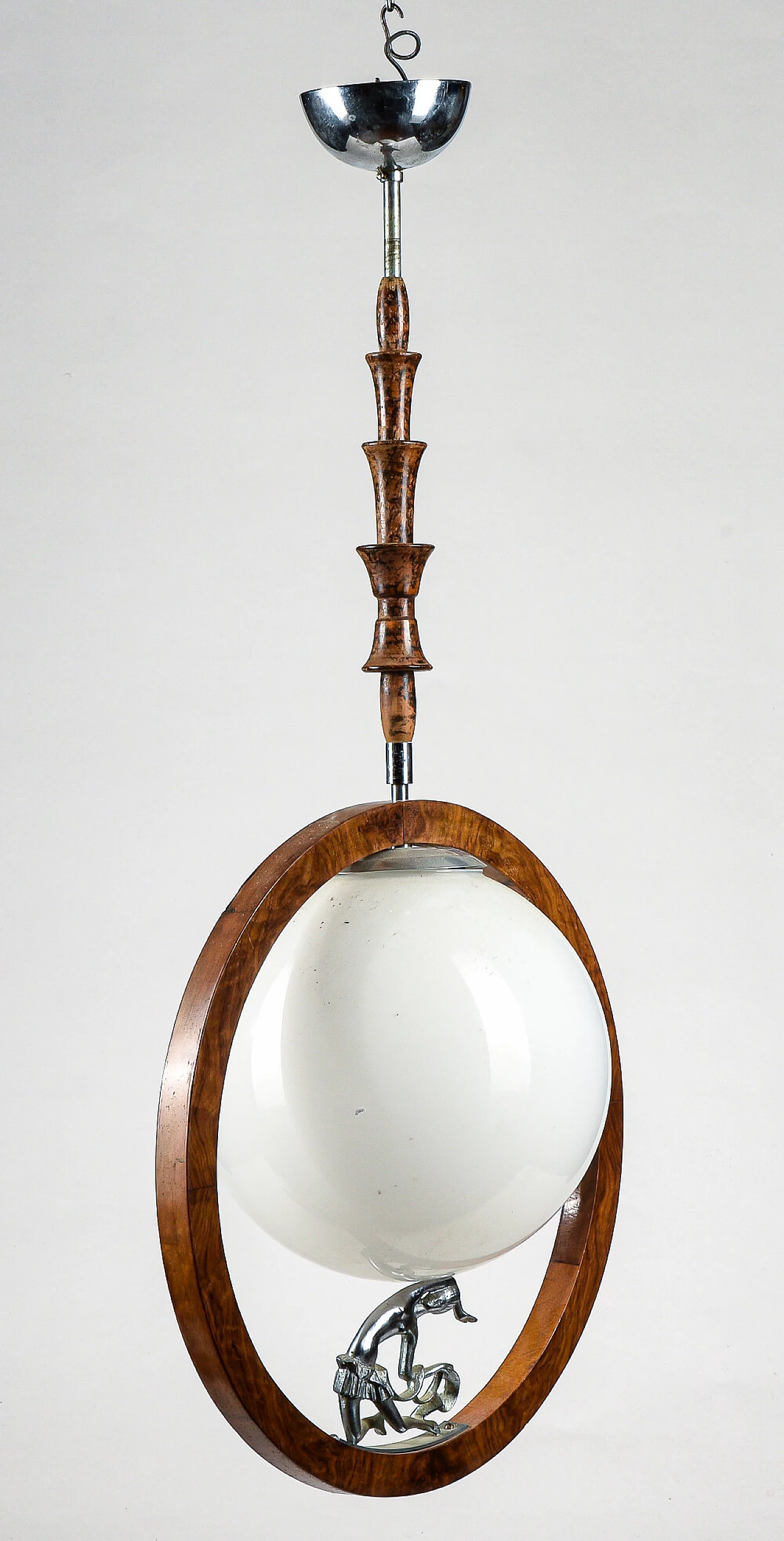 Art Deco chandelier in walnut, briarwood and opaline glass with metal statuette, 20s 1475801