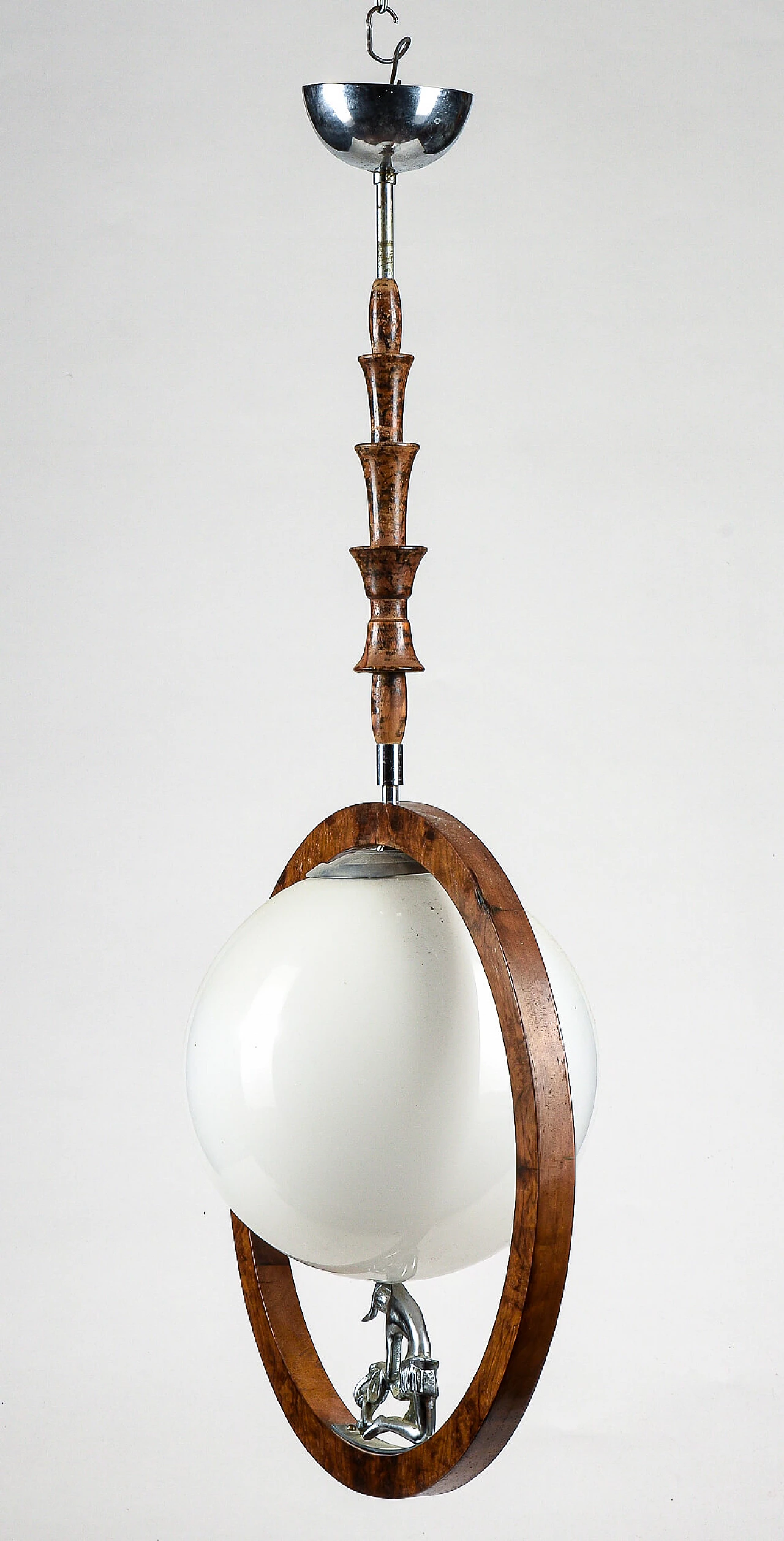 Art Deco chandelier in walnut, briarwood and opaline glass with metal statuette, 20s 1475802
