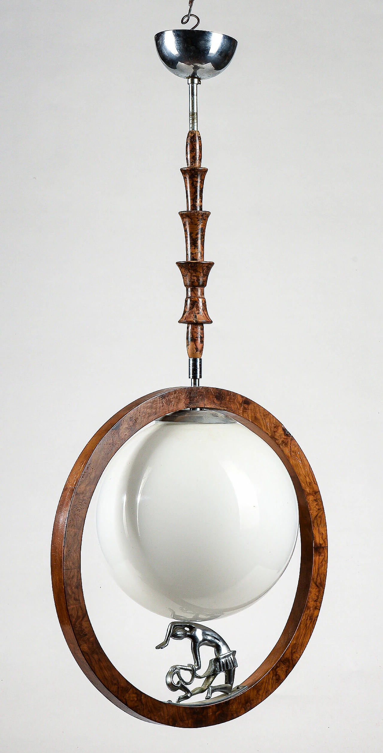 Art Deco chandelier in walnut, briarwood and opaline glass with metal statuette, 20s 1475803