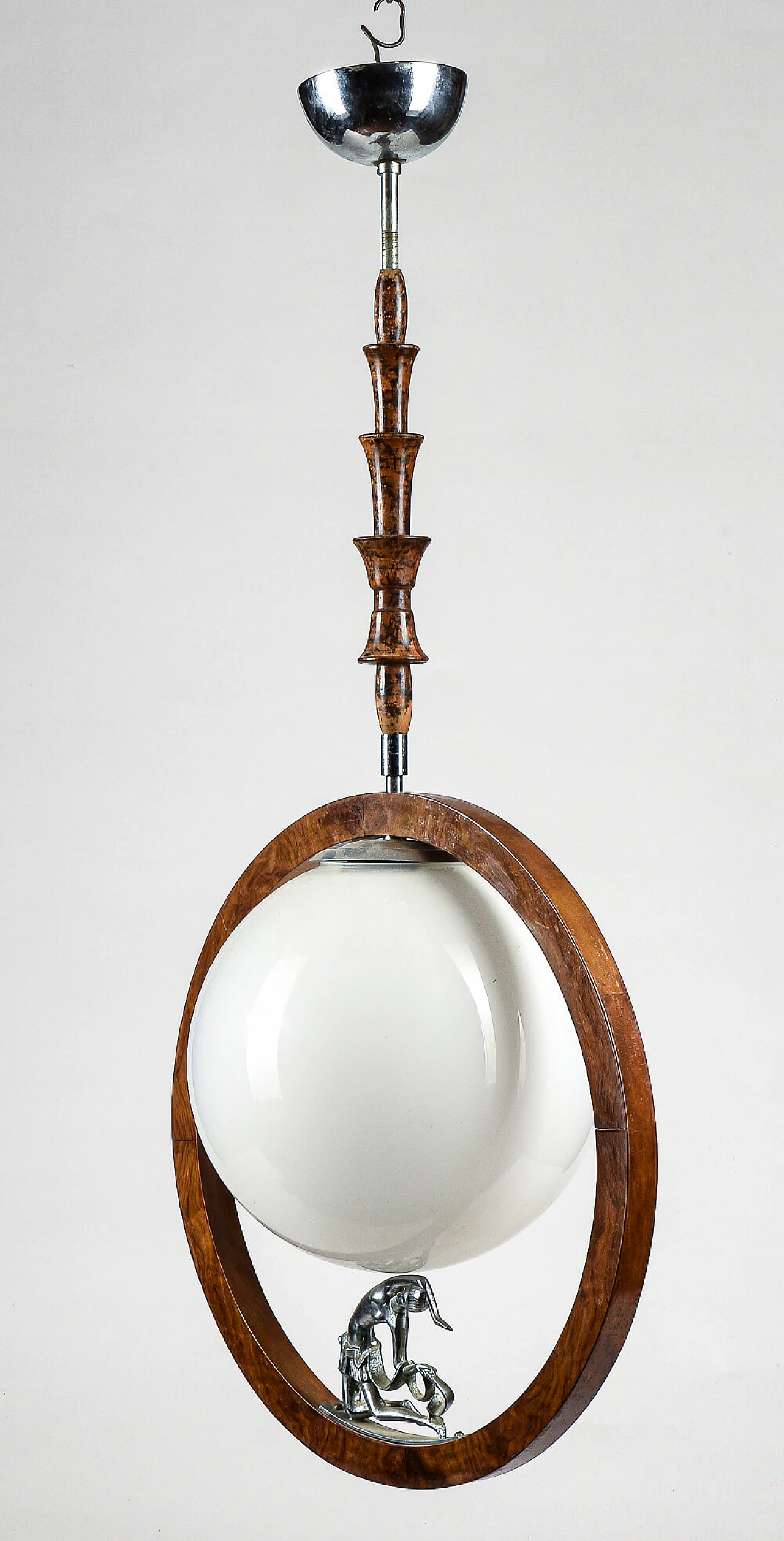 Art Deco chandelier in walnut, briarwood and opaline glass with metal statuette, 20s 1475804