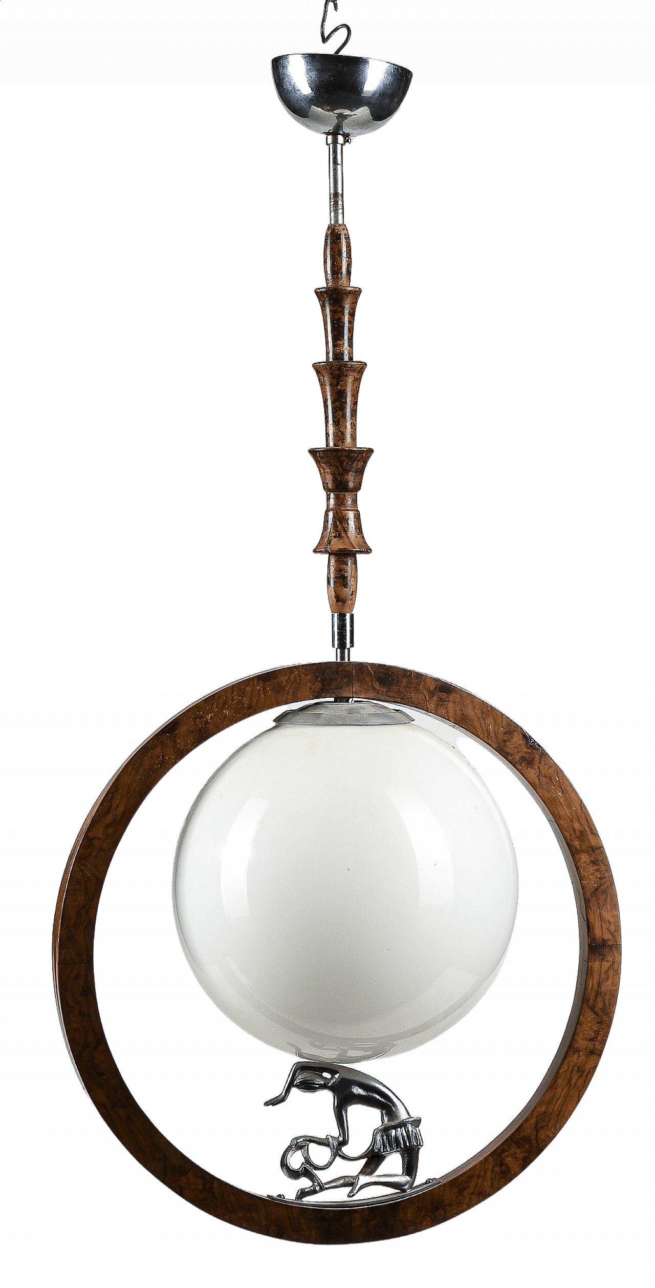 Art Deco chandelier in walnut, briarwood and opaline glass with metal statuette, 20s 1475820