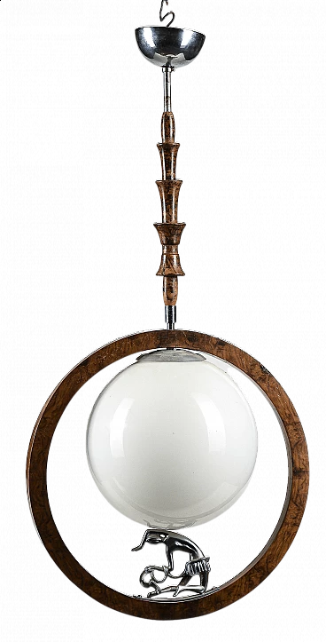 Art Deco chandelier in walnut, briarwood and opaline glass with metal statuette, 20s