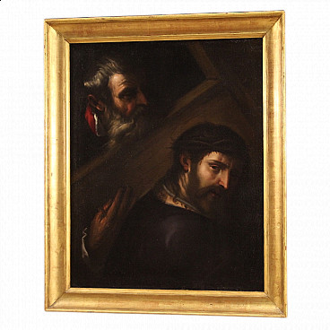 Oil on canvas Christ carrying the cross with gilded frame, 17th century