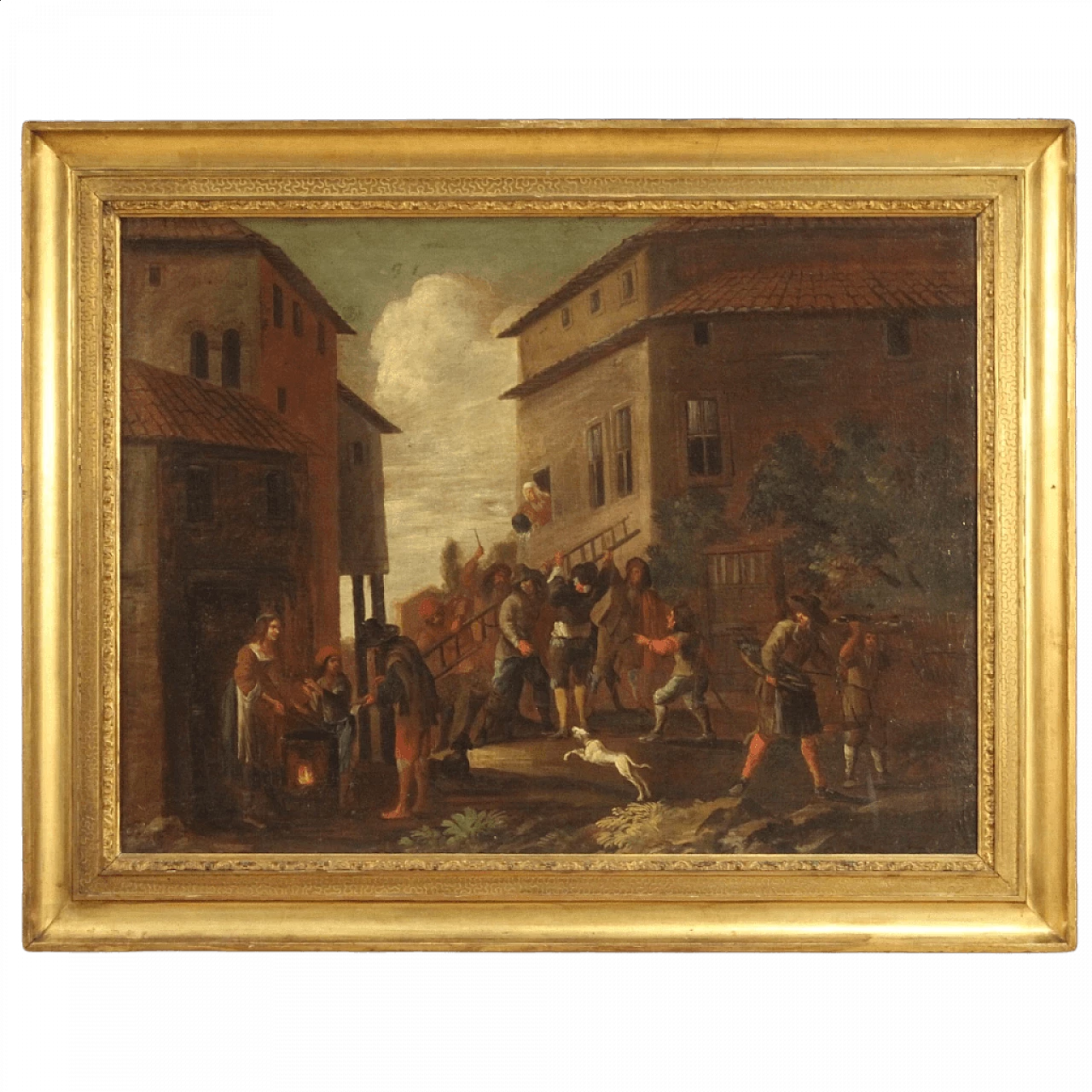 Genre scene painting with architecture and characters, oil on canvas, 18th century 1475949