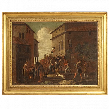 Genre scene painting with architecture and characters, oil on canvas, 18th century