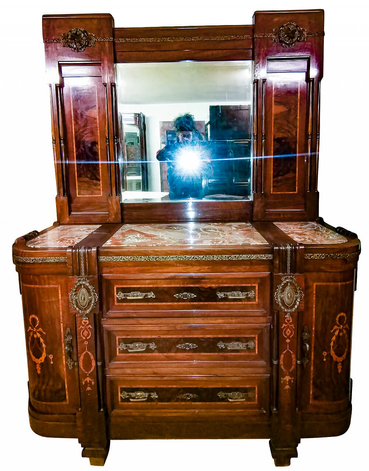 Art Nouveau chest of drawers with mirror in mahogany and brass with pink marble top, 10s 1476236