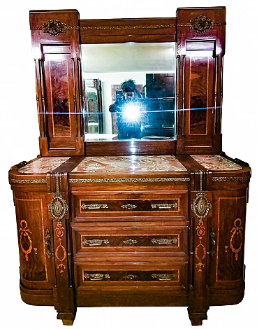 Art Nouveau chest of drawers with mirror in mahogany and brass with pink marble top, 10s