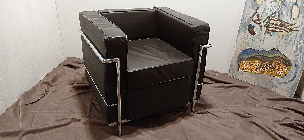 LC2 armchair in dark brown leather by Le Corbusier, Jeanneret and Perriand for Alivar 1476258