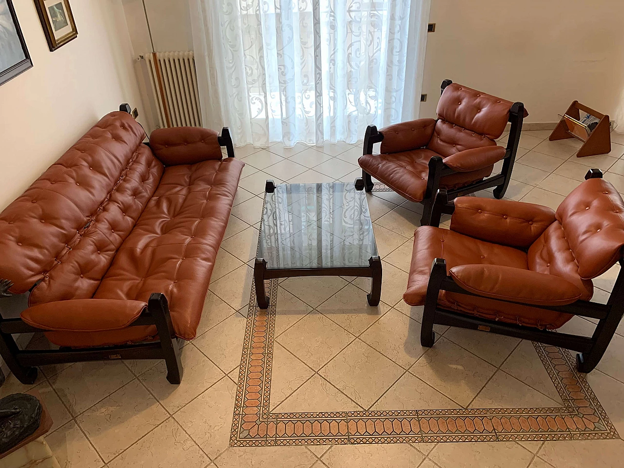 Samurai ebony and leather couch and pair of armchair by Luciano Frigerio, 1970s 1476951