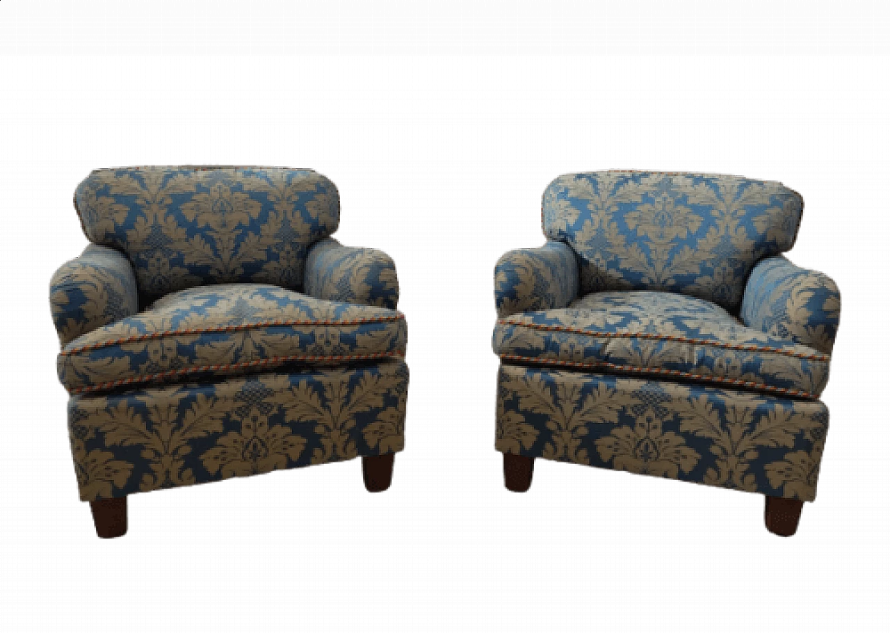 Pair of armchairs in damask fabric and wood, 40s 1477007