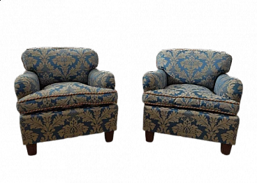 Pair of armchairs in damask fabric and wood, 40s