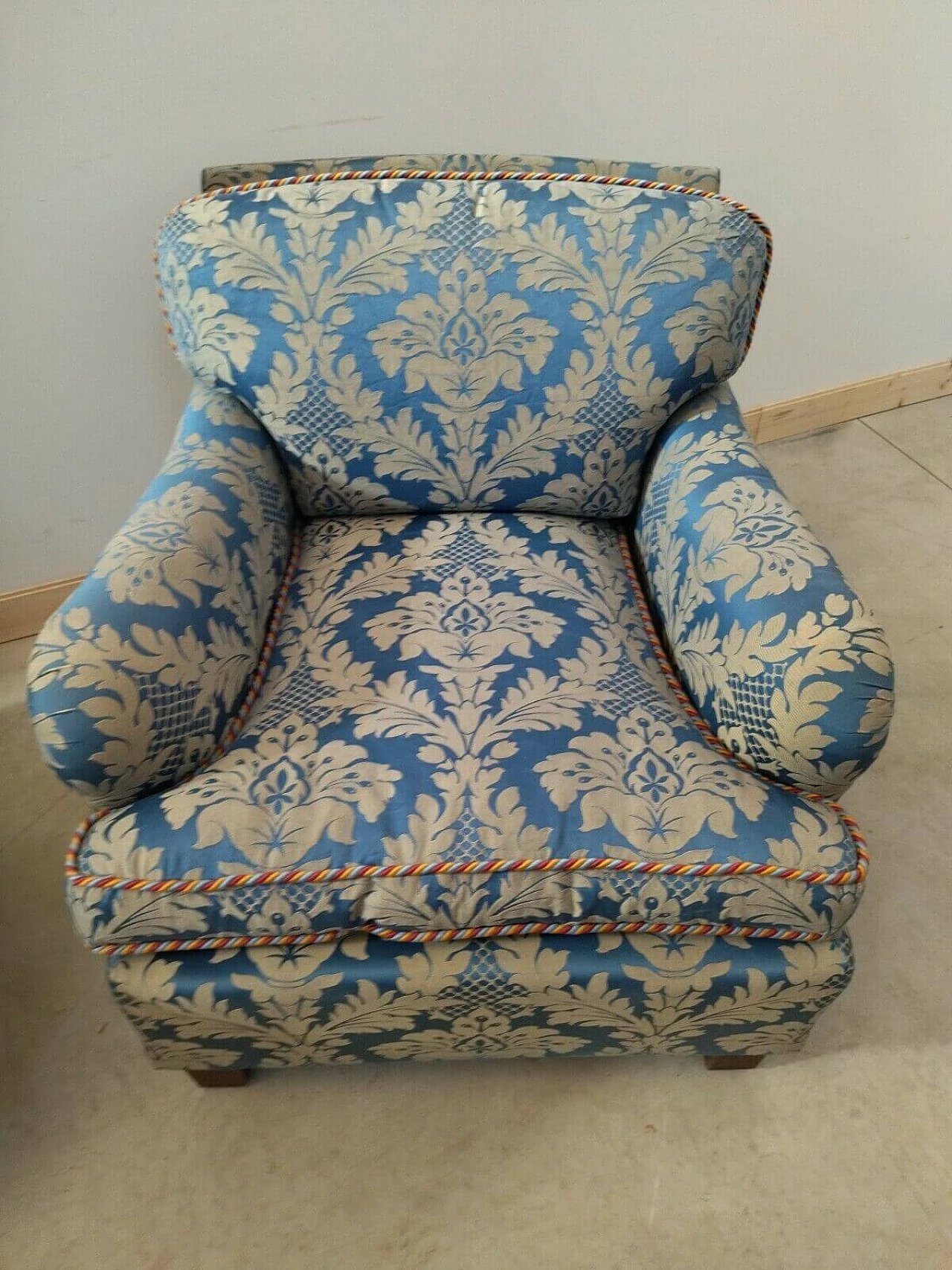 Pair of armchairs in damask fabric and wood, 40s 1477010