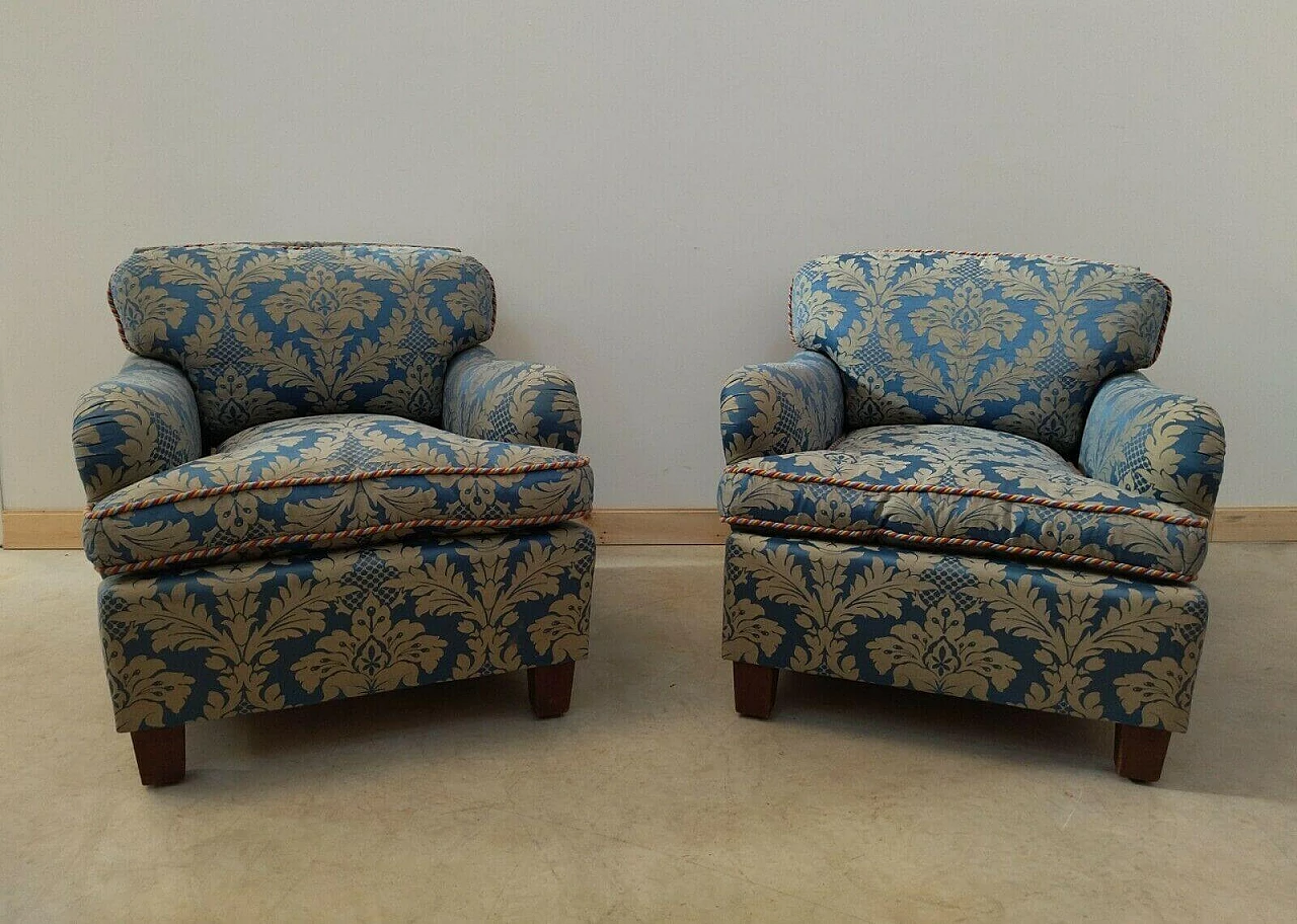 Pair of armchairs in damask fabric and wood, 40s 1477016