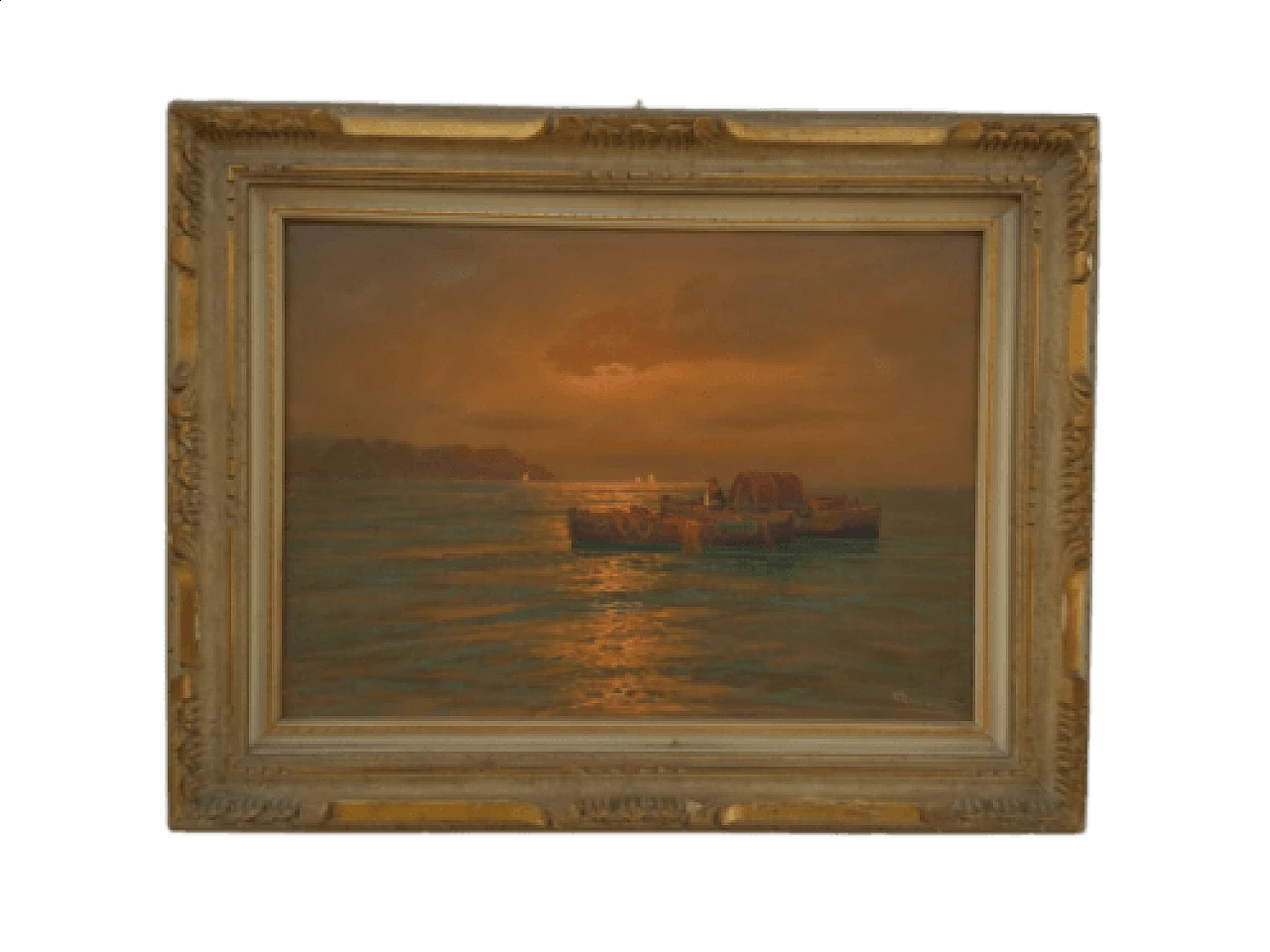 Dipinto a olio su tela raffigurante mare con barca, anni '20 1477054