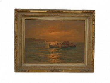 Dipinto a olio su tela raffigurante mare con barca, anni '20