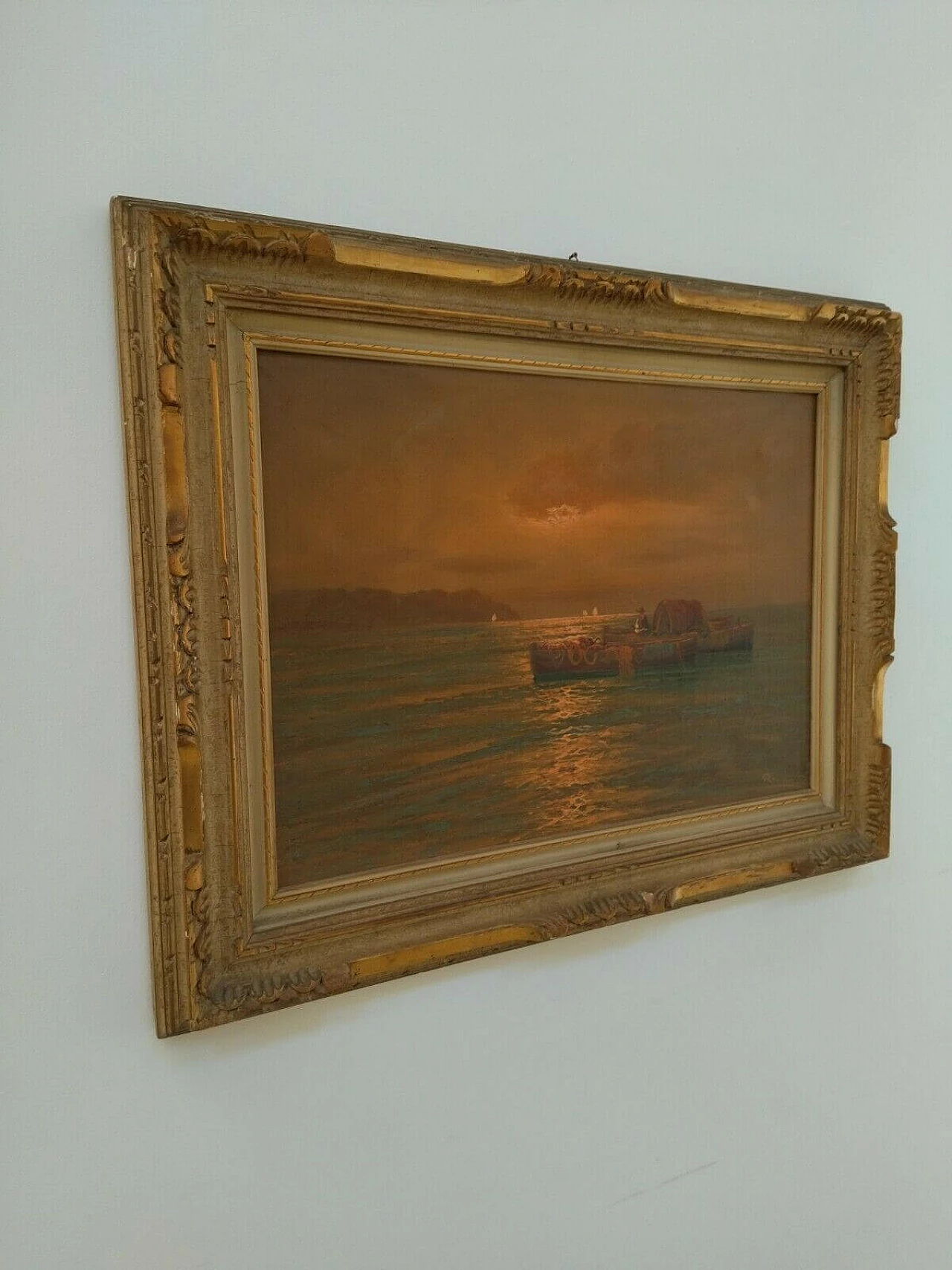 Dipinto a olio su tela raffigurante mare con barca, anni '20 1477055