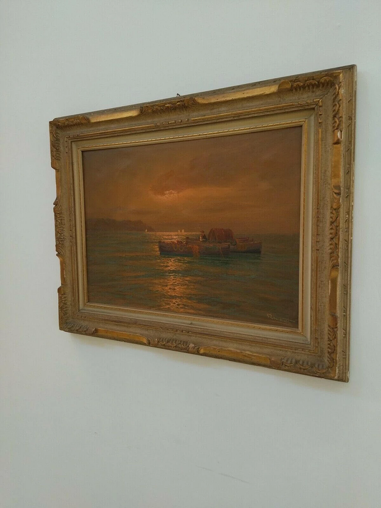 Dipinto a olio su tela raffigurante mare con barca, anni '20 1477056
