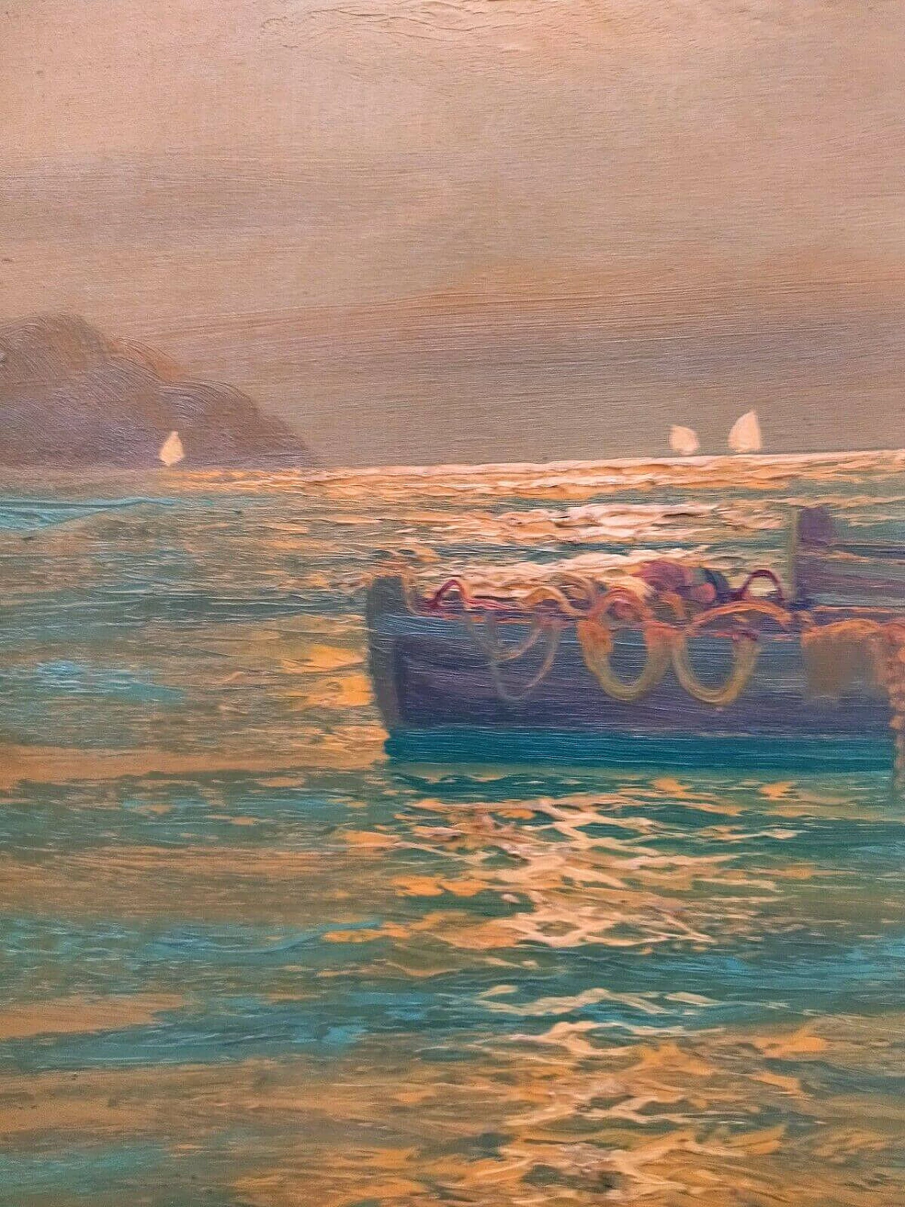 Dipinto a olio su tela raffigurante mare con barca, anni '20 1477057