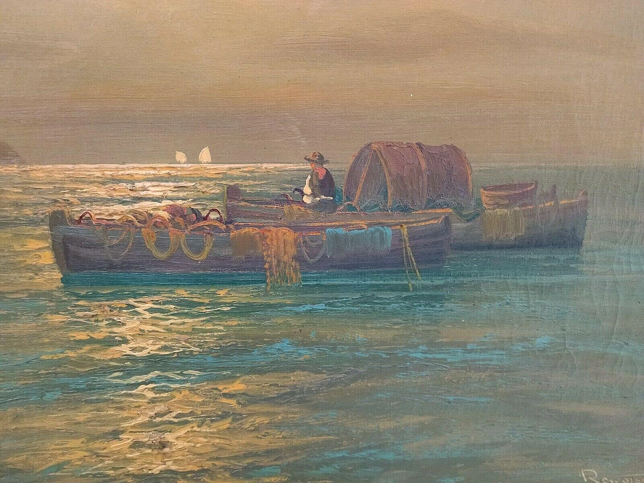 Dipinto a olio su tela raffigurante mare con barca, anni '20 1477058