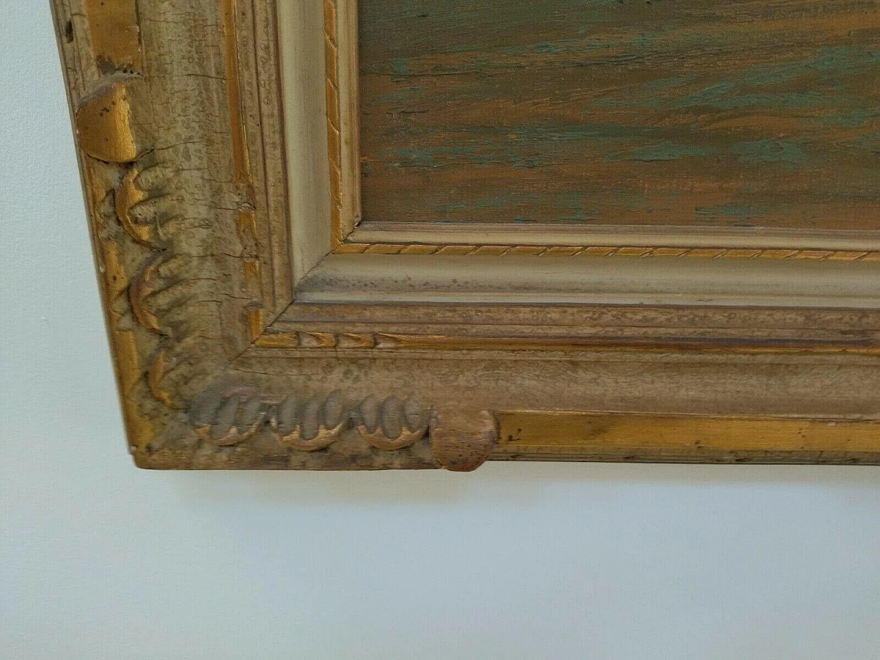 Oil painting on canvas depicting sea with boat, 20s 1477063