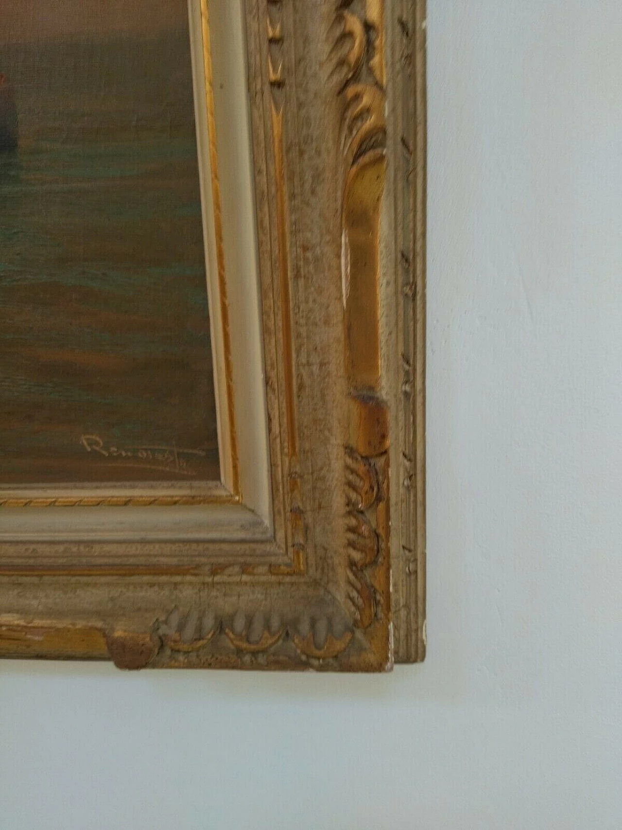 Oil painting on canvas depicting sea with boat, 20s 1477064