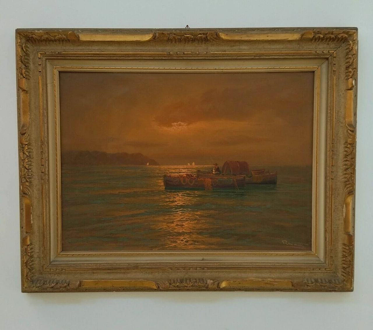 Dipinto a olio su tela raffigurante mare con barca, anni '20 1477065