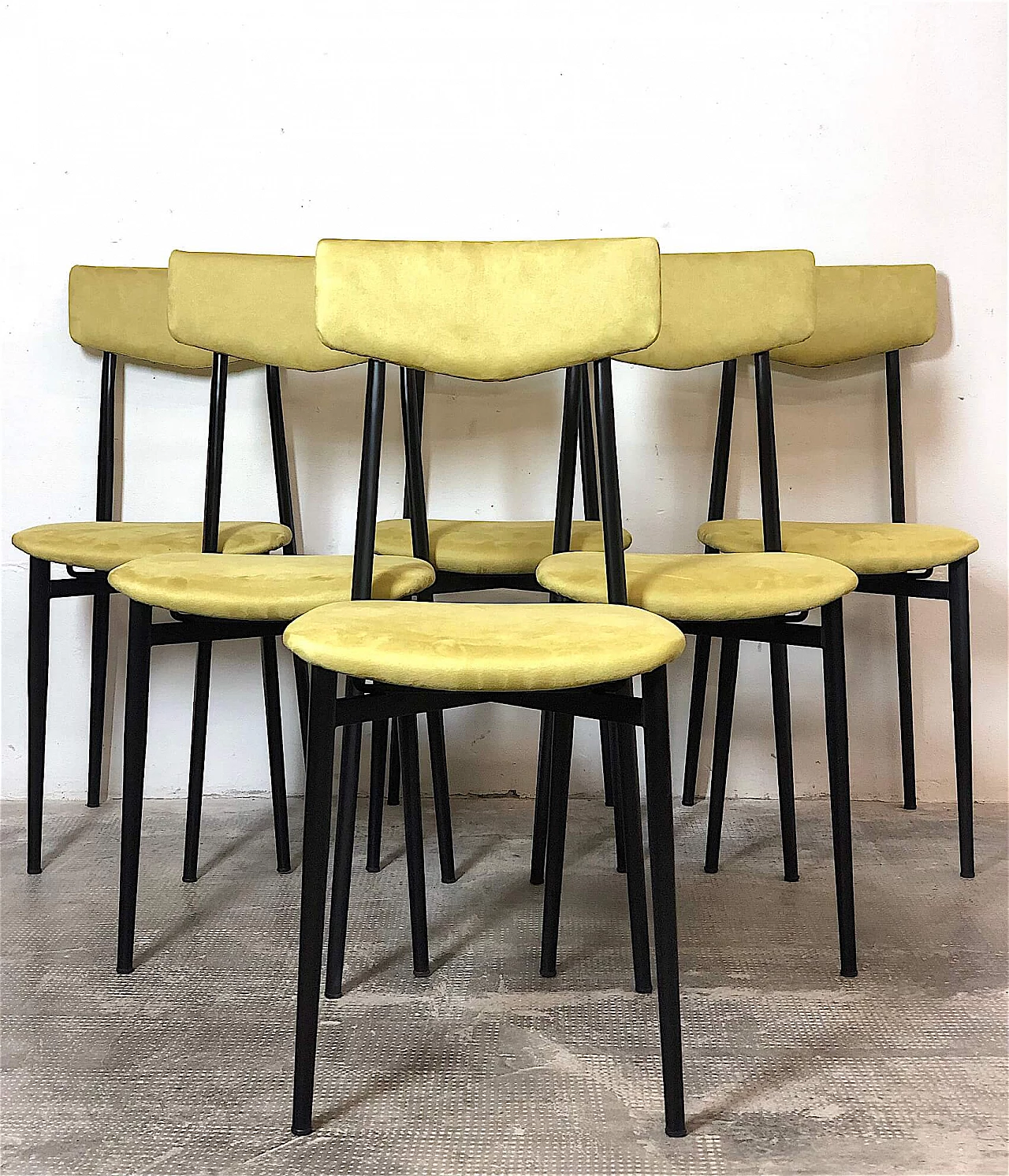 6 Sedie in metallo e microfibra gialla, anni '60 1479246