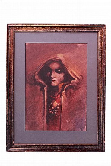 Art Nouveau gouache painting with frame, 1984