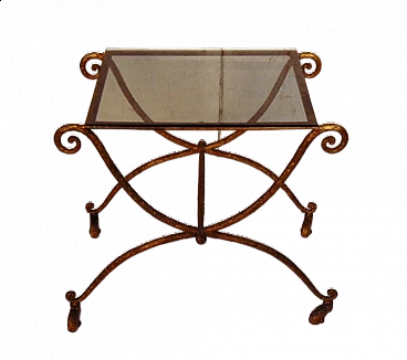 Tavolino da caffè in ferro battuto con piano in vetro, anni '40