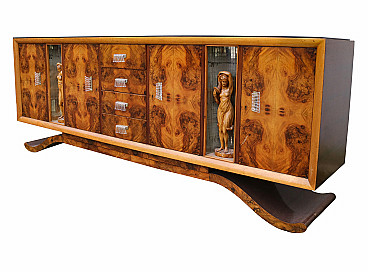Art Deco style sideboard in burl wood with wooden statues, 20th century
